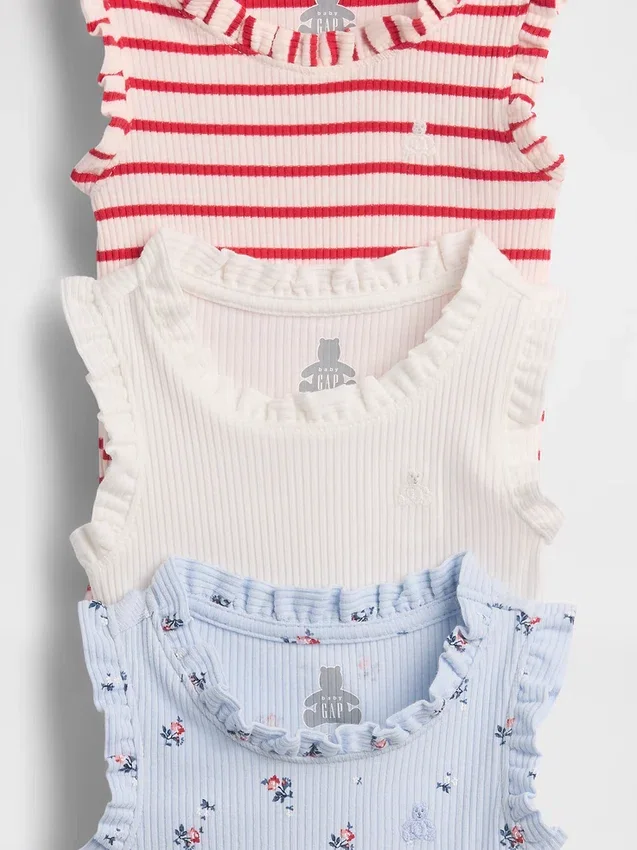 Baby First Favorites – body bez rękawów z falbankami z dzianiny Tinyrib (zestaw 3 sztuk)