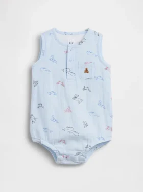 Bawełniany body dla niemowląt z gazy w stylu Henley z kieszenią