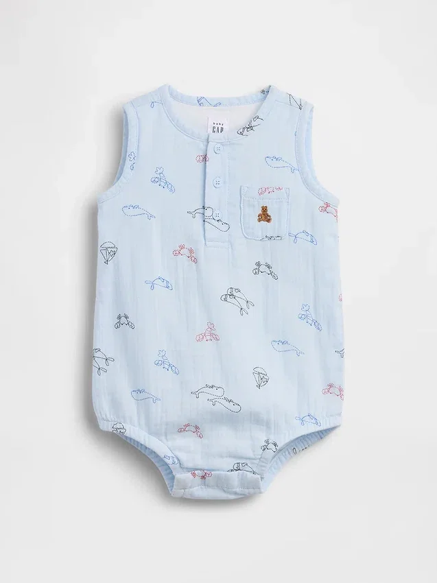 Bawełniany body dla niemowląt z gazy w stylu Henley z kieszenią