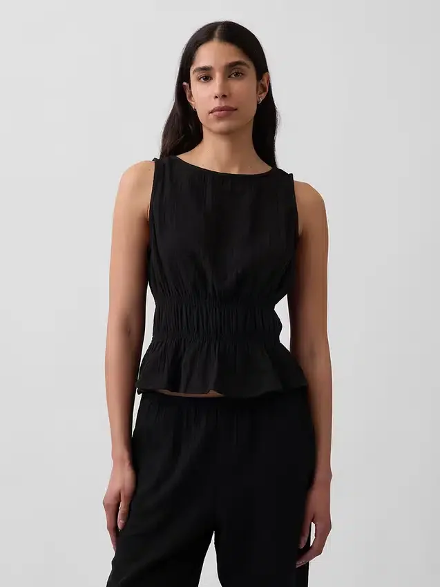 Bawełniany top z gazy z marszczoną talią i peplum