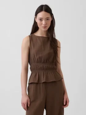 Bawełniany top z gazy z marszczoną talią i peplum