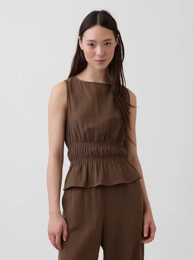 Bawełniany top z gazy z marszczoną talią i peplum
