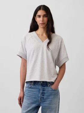 Bluza oversize z frotte Vintagesoft z dekoltem w serek