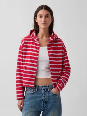Bluza z kapturem z ręcznikowej dzianiny frotte w szerokie paski i zamkiem błyskawicznym