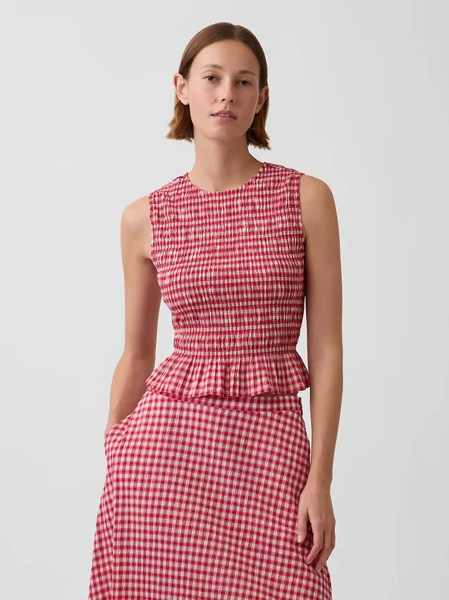 Bluzka z marszczonym peplum w kratkę