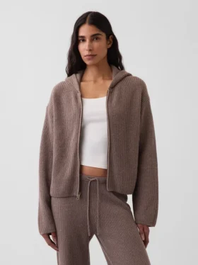 CashSoft Oversized Shaker-Stitch Zip Hoodie