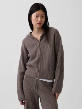 CashSoft Oversized Shaker-Stitch Zip Hoodie