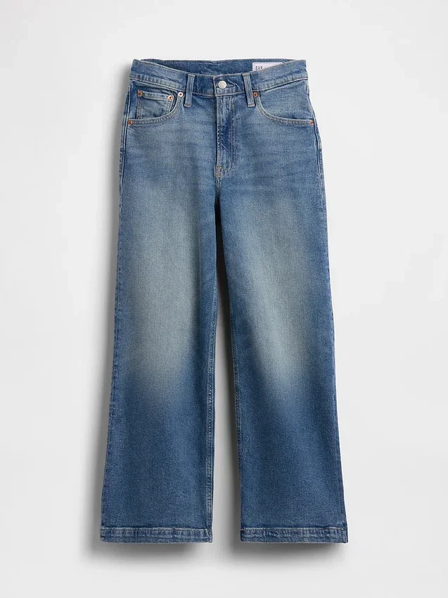 Dżinsy z wysokim stanem, szerokimi nogawkami i długością do kostek