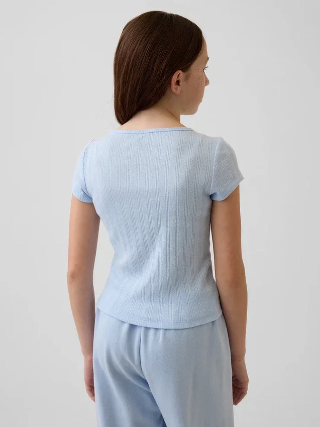Dopasowany T-shirt dziecięcy z dzianiny prążkowanej typu pointelle