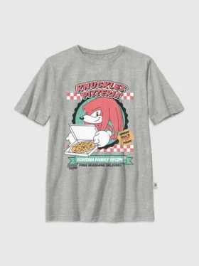 Dziecięca koszulka z nadrukiem przedstawiającym Knucklesa z gry „Sonic the Hedgehog” i pizzą