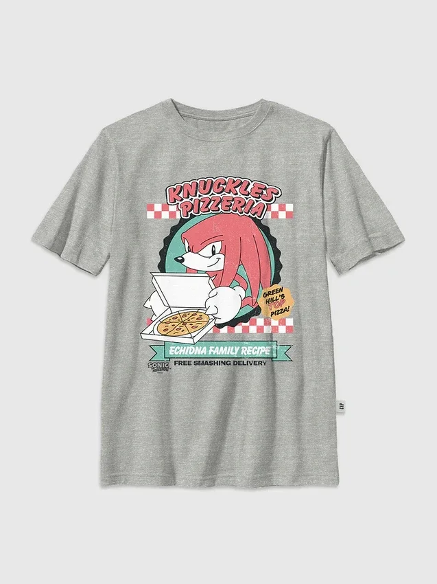 Dziecięca koszulka z nadrukiem przedstawiającym Knucklesa z gry „Sonic the Hedgehog” i pizzą