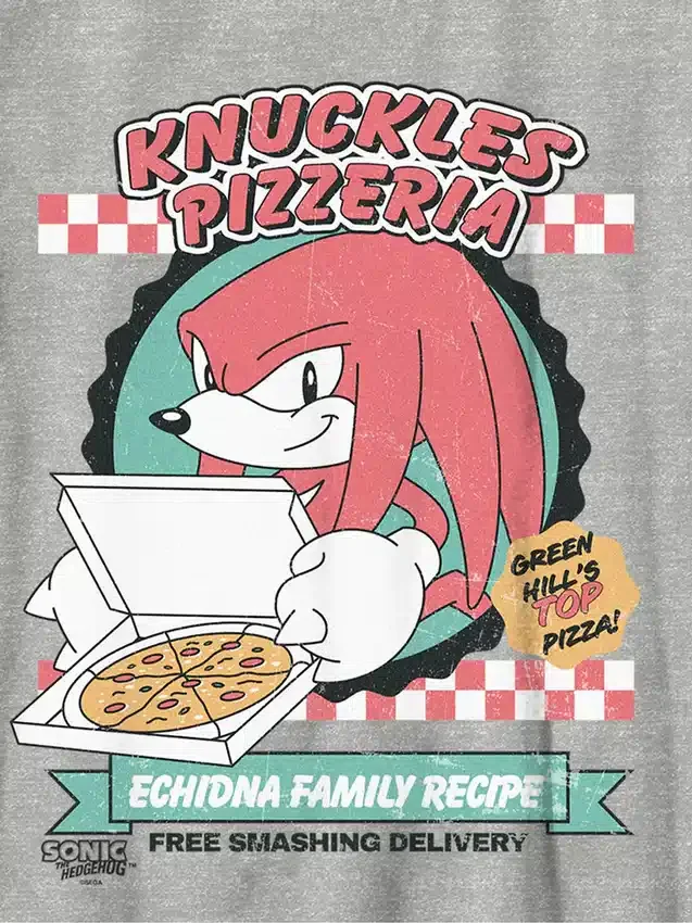 Dziecięca koszulka z nadrukiem przedstawiającym Knucklesa z gry „Sonic the Hedgehog” i pizzą