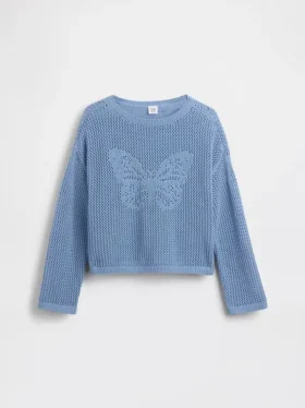 Dziecięcy sweter oversize z nadrukiem, wykonany techniką szydełkową