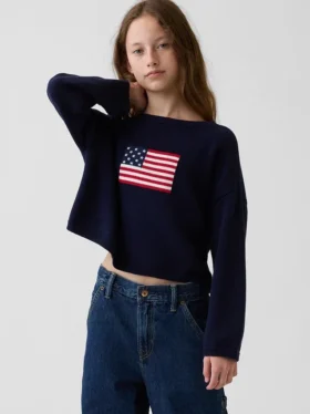Dziecięcy sweter z dzianiny szydełkowej w stylu „Americana” o oversize’owym kroju