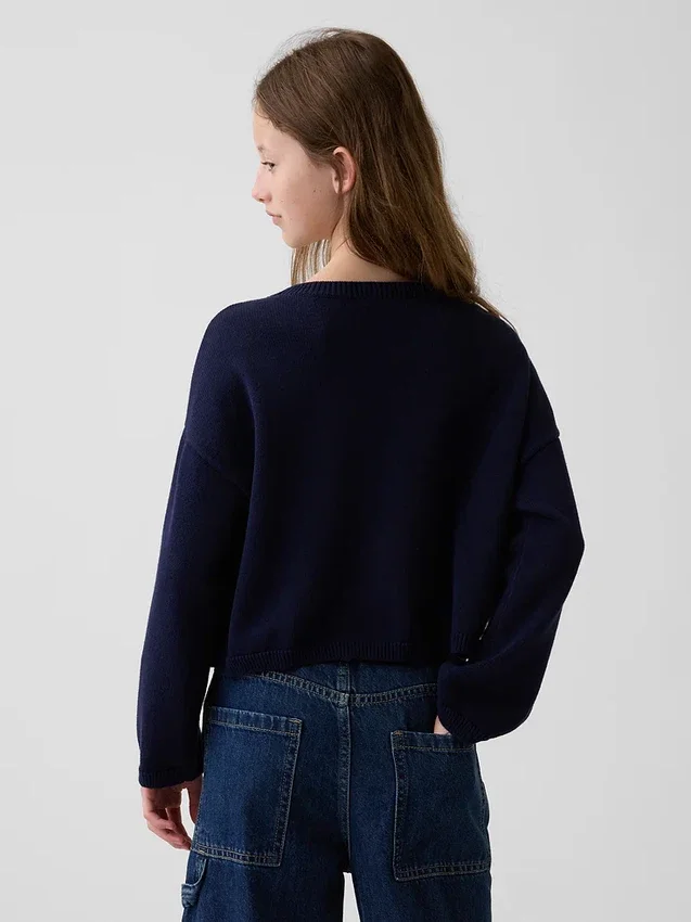 Dziecięcy sweter z dzianiny szydełkowej w stylu „Americana” o oversize’owym kroju
