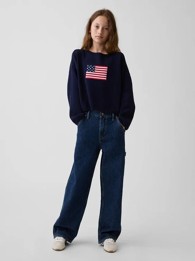 Dziecięcy sweter z dzianiny szydełkowej w stylu „Americana” o oversize’owym kroju