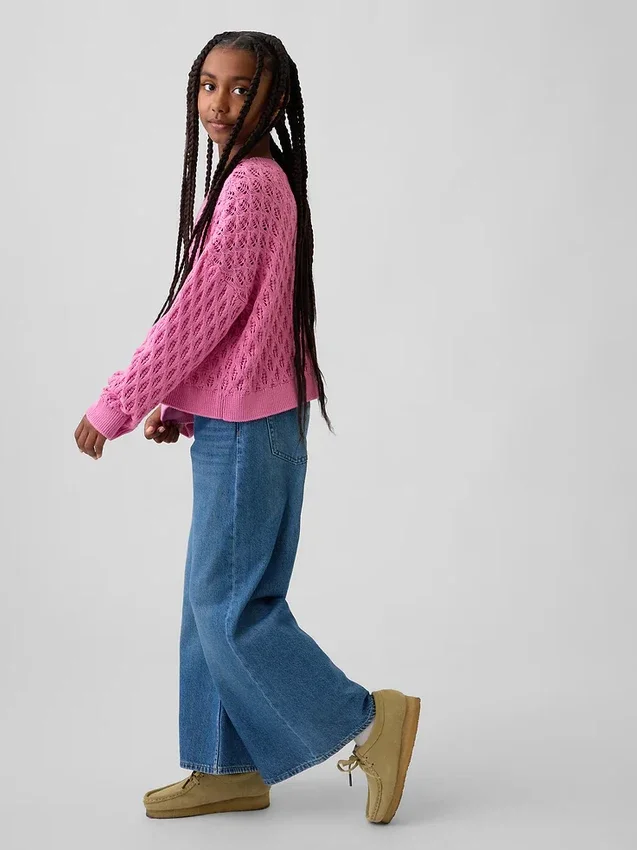 Dziecięcy sweter z dzianiny szydełkowej z okrągłym dekoltem w stylu oversize