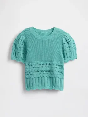 Dziecięcy sweter z falistym wykończeniem i mieszanym ściegiem