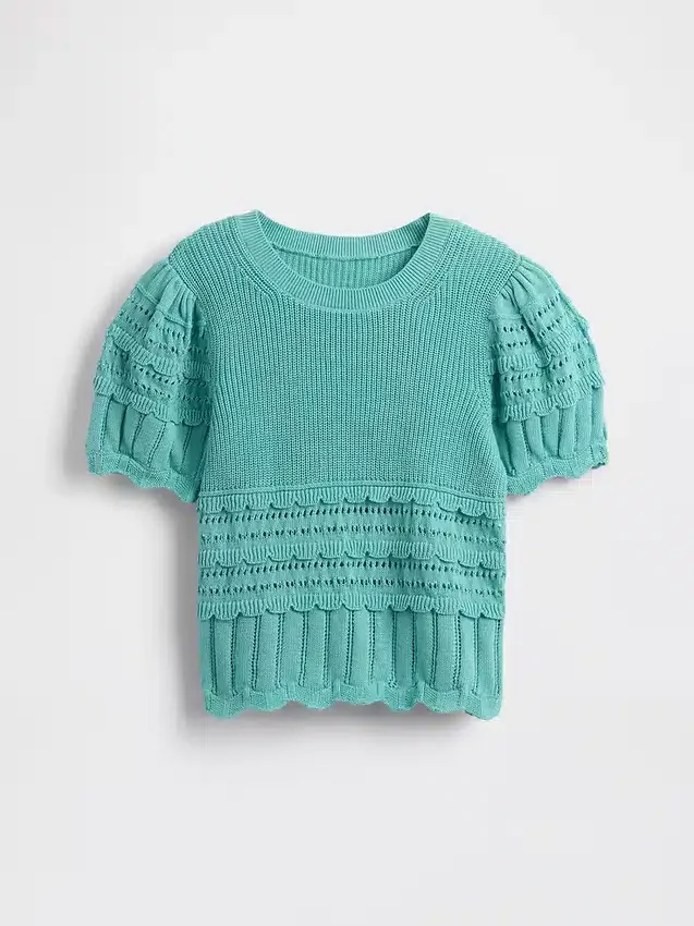Dziecięcy sweter z falistym wykończeniem i mieszanym ściegiem