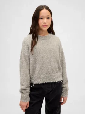 Dziecięcy sweter z okrągłym dekoltem z metalicznego dzianiny typu „eyelash”