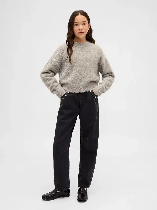 Dziecięcy sweter z okrągłym dekoltem z metalicznego dzianiny typu „eyelash”