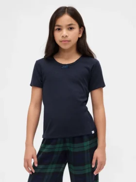 Dziecięcy T-shirt piżamowy z dzianiny typu pointelle z recyklingu