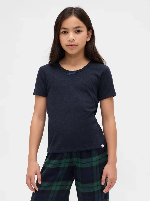 Dziecięcy T-shirt piżamowy z dzianiny typu pointelle z recyklingu