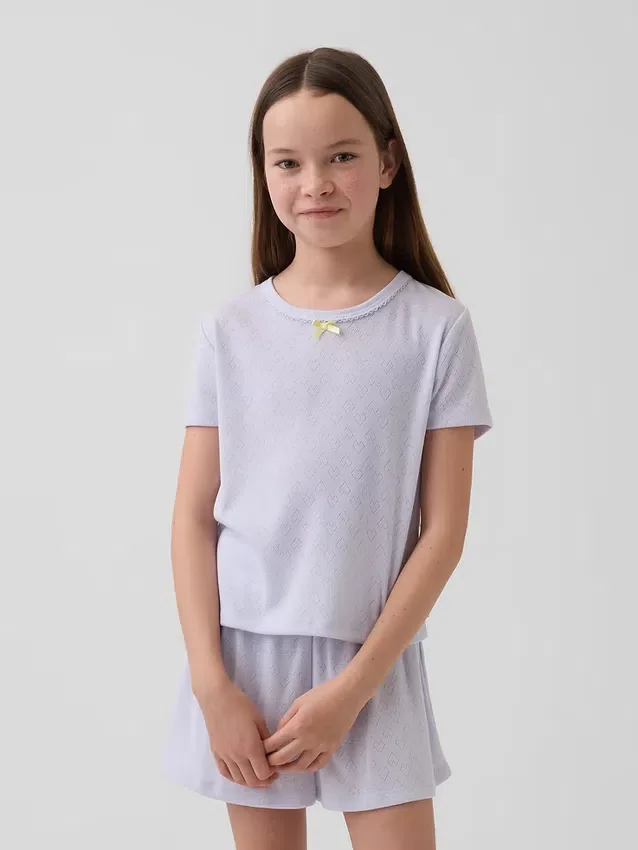 Dziecięcy T-shirt piżamowy z dzianiny typu pointelle z recyklingu