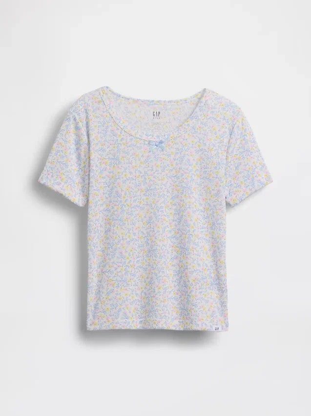 Dziecięcy T-shirt piżamowy z dzianiny typu pointelle z recyklingu