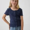 Dziecięcy T-shirt z dzianiny pointelle z prążkowanym wykończeniem i zapięciem na guziki z przodu