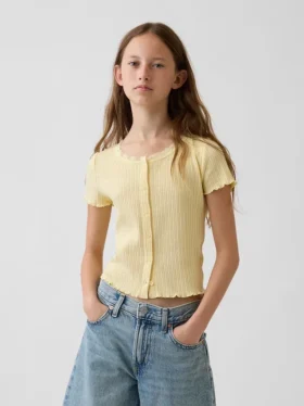 Dziecięcy T-shirt z dzianiny pointelle z prążkowanym wykończeniem i zapięciem na guziki z przodu