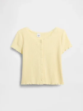 Dziecięcy T-shirt z dzianiny pointelle z prążkowanym wykończeniem i zapięciem na guziki z przodu