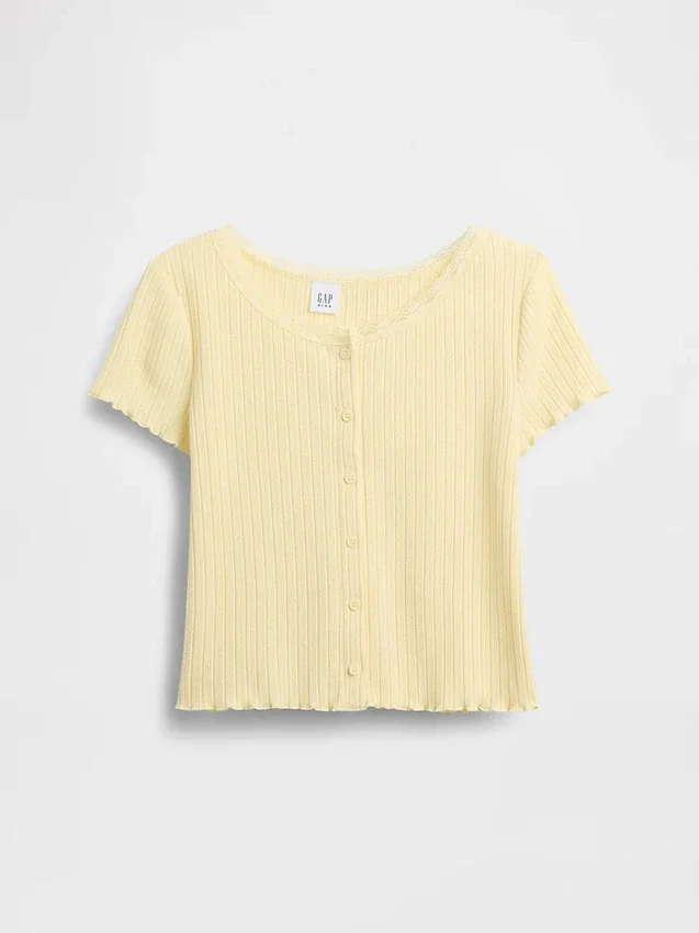 Dziecięcy T-shirt z dzianiny pointelle z prążkowanym wykończeniem i zapięciem na guziki z przodu
