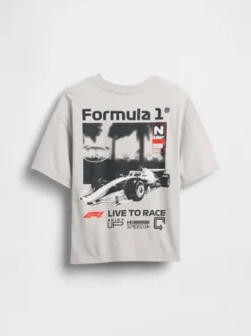 Dziecięcy T-shirt z nadrukiem „Formuła 1” w stylu oversize
