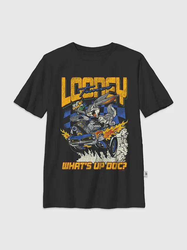 Dziecięcy T-shirt z nadrukiem „Rabbit Racer” z serii Looney Tunes