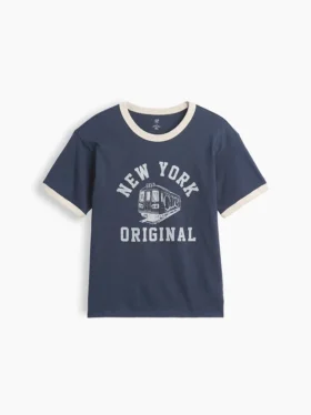 Dziecięcy T-shirt z nadrukiem „Relaxed New York” z paskiem w stylu ringer