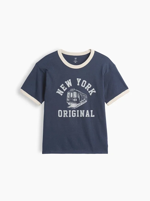 Dziecięcy T-shirt z nadrukiem „Relaxed New York” z paskiem w stylu ringer