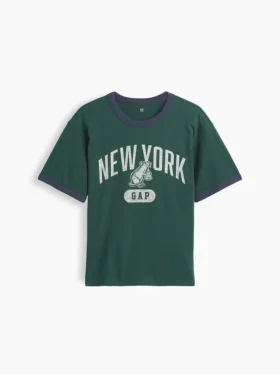 Dziecięcy T-shirt z nadrukiem „Relaxed New York” z paskiem w stylu ringer