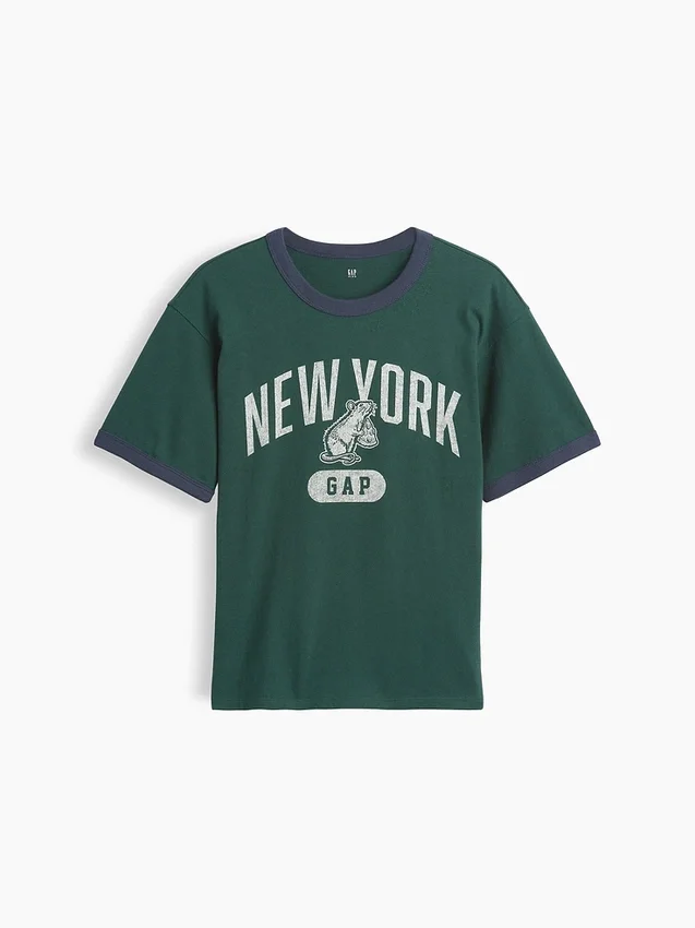 Dziecięcy T-shirt z nadrukiem „Relaxed New York” z paskiem w stylu ringer