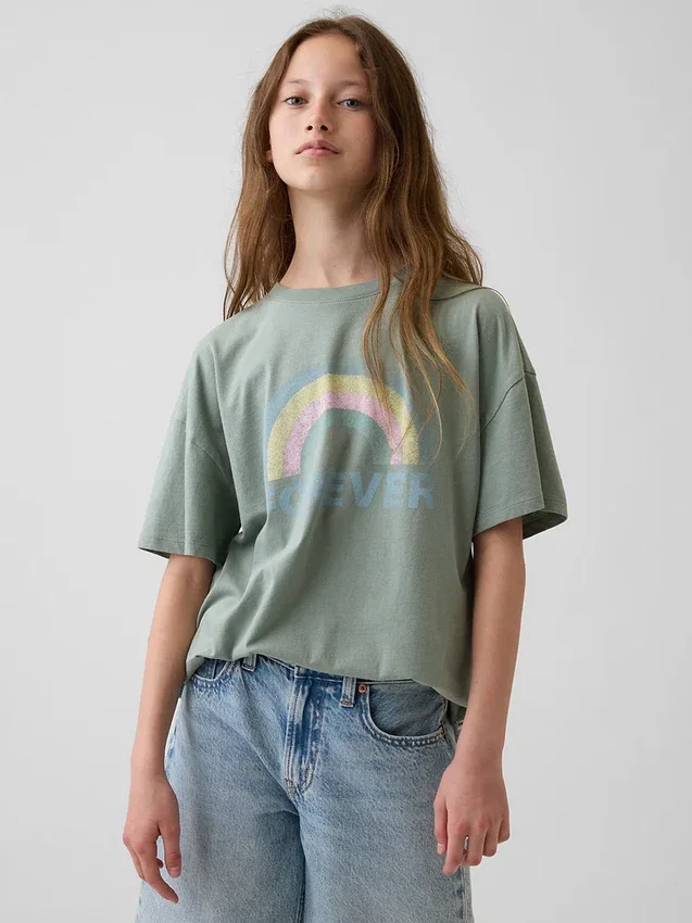 Dziecięcy T-shirt z nadrukiem w stylu oversize o kroju tuniki