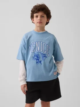 Dziecięcy T-shirt z siateczki z nadrukiem w stylu oversize