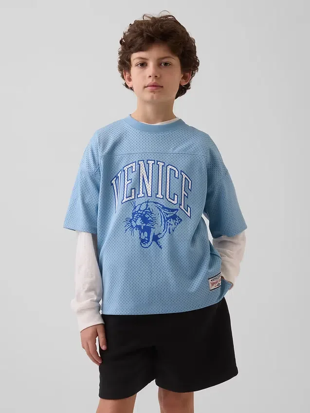 Dziecięcy T-shirt z siateczki z nadrukiem w stylu oversize