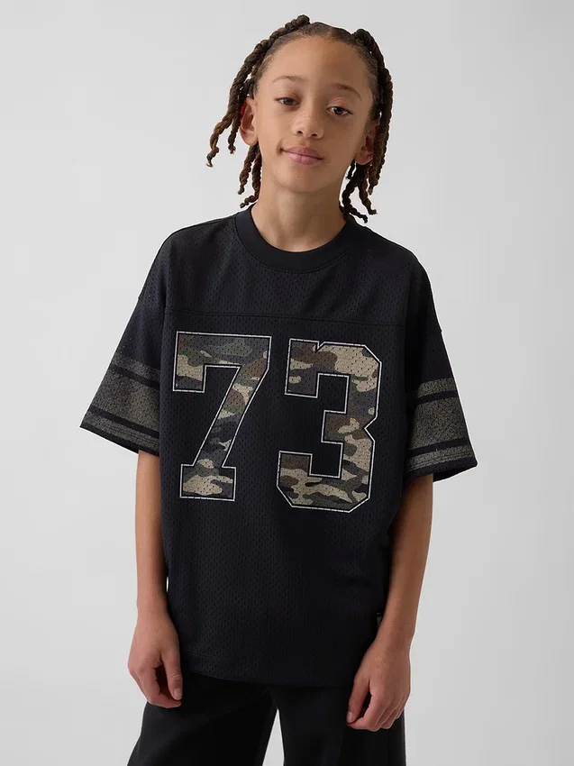 Dziecięcy T-shirt z siateczki z nadrukiem w stylu oversize