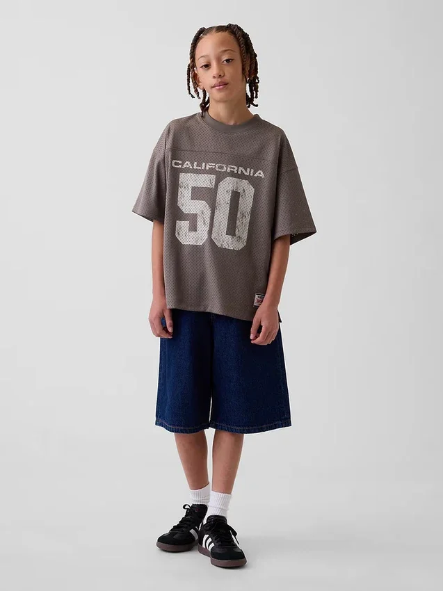 Dziecięcy T-shirt z siateczki z nadrukiem w stylu oversize