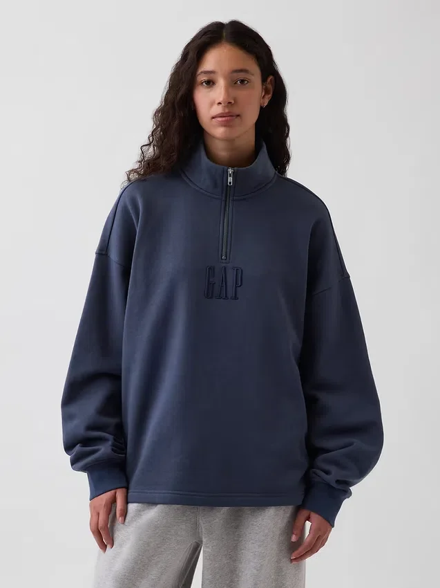 Gruba bluza oversize z logo i zamkiem do jednej czwartej długości