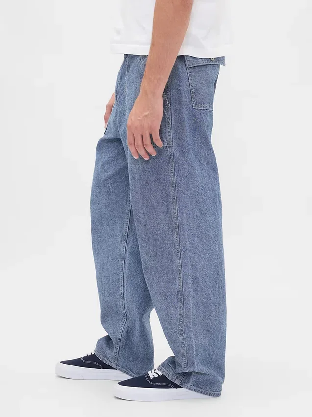Grube jeansy typu baggy z tkaniny chambray