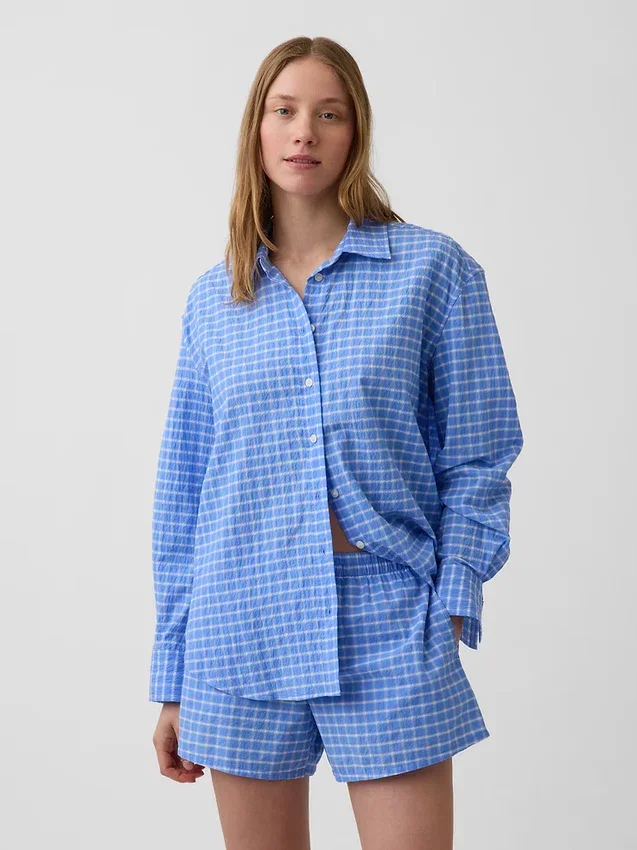 Koszula oversize w kratę z tkaniny seersucker