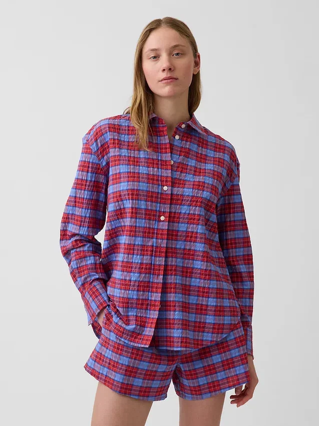 Koszula oversize w kratę z tkaniny seersucker