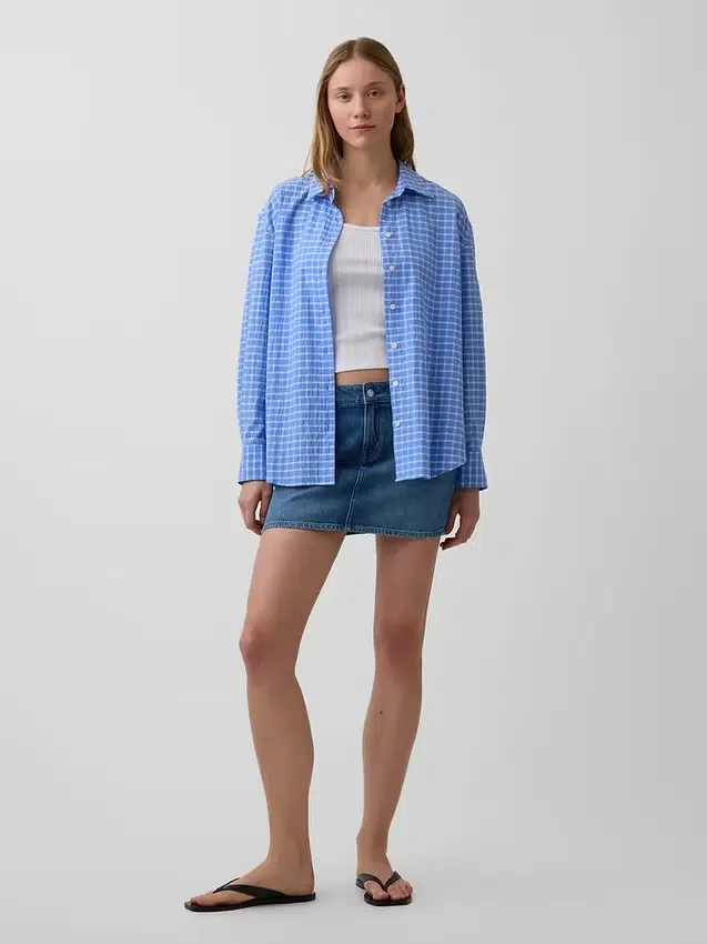 Koszula oversize w kratę z tkaniny seersucker