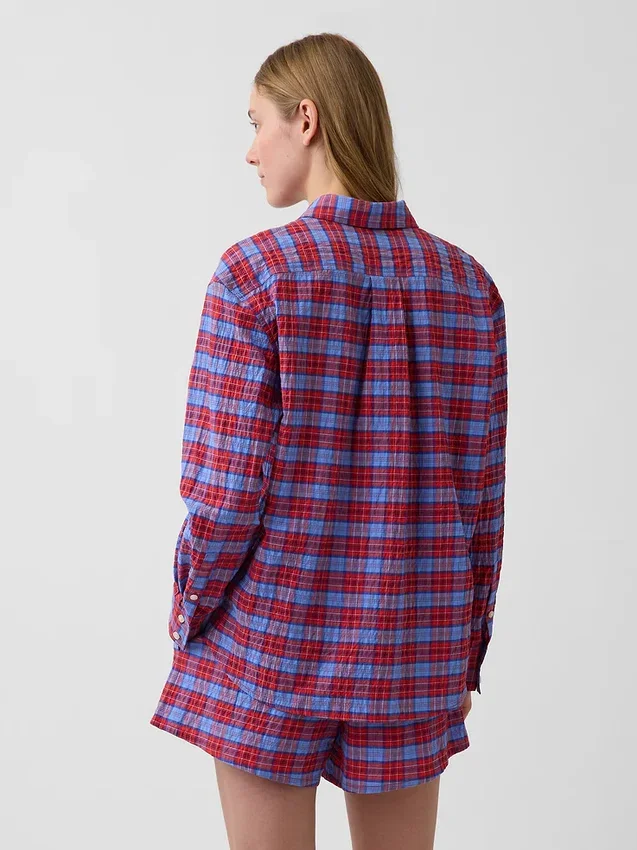 Koszula oversize w kratę z tkaniny seersucker
